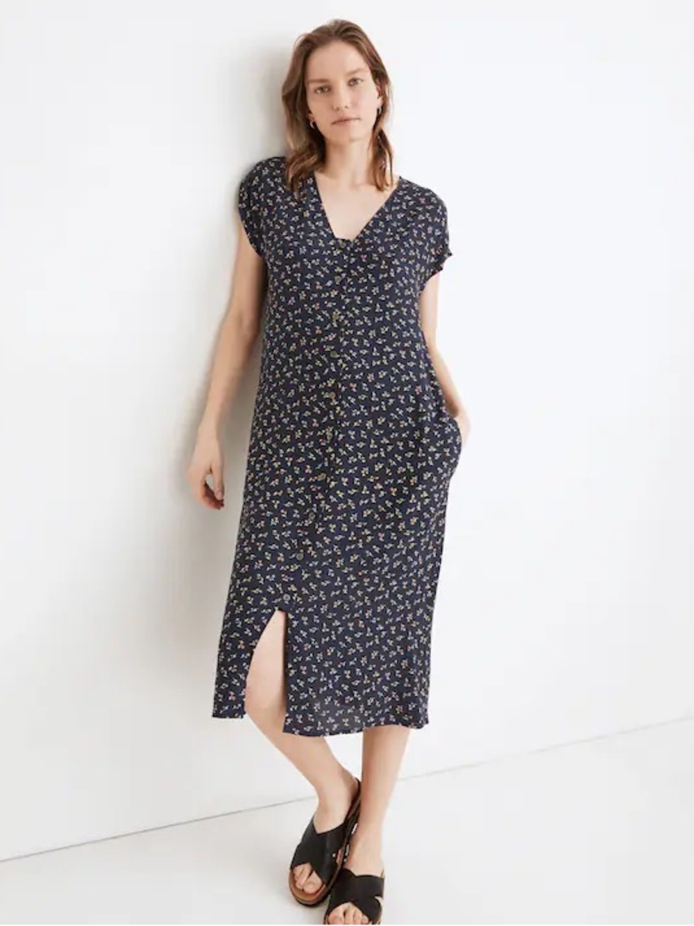 Madewell Easy Spring Fling Ditsy Floral 90s Modest Button Crepe Chic Midi Dress